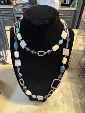 Elegant Blue and White Beaded Long Necklace - Women Jewelry